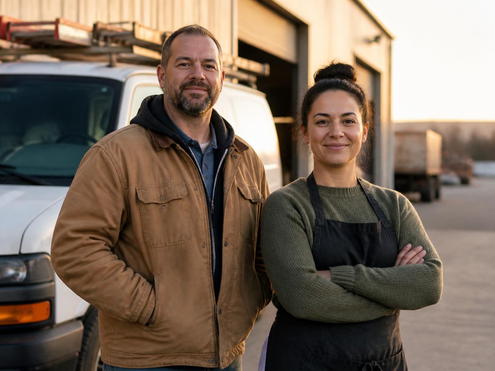 Two small business owners standing beside a work van outside their shop